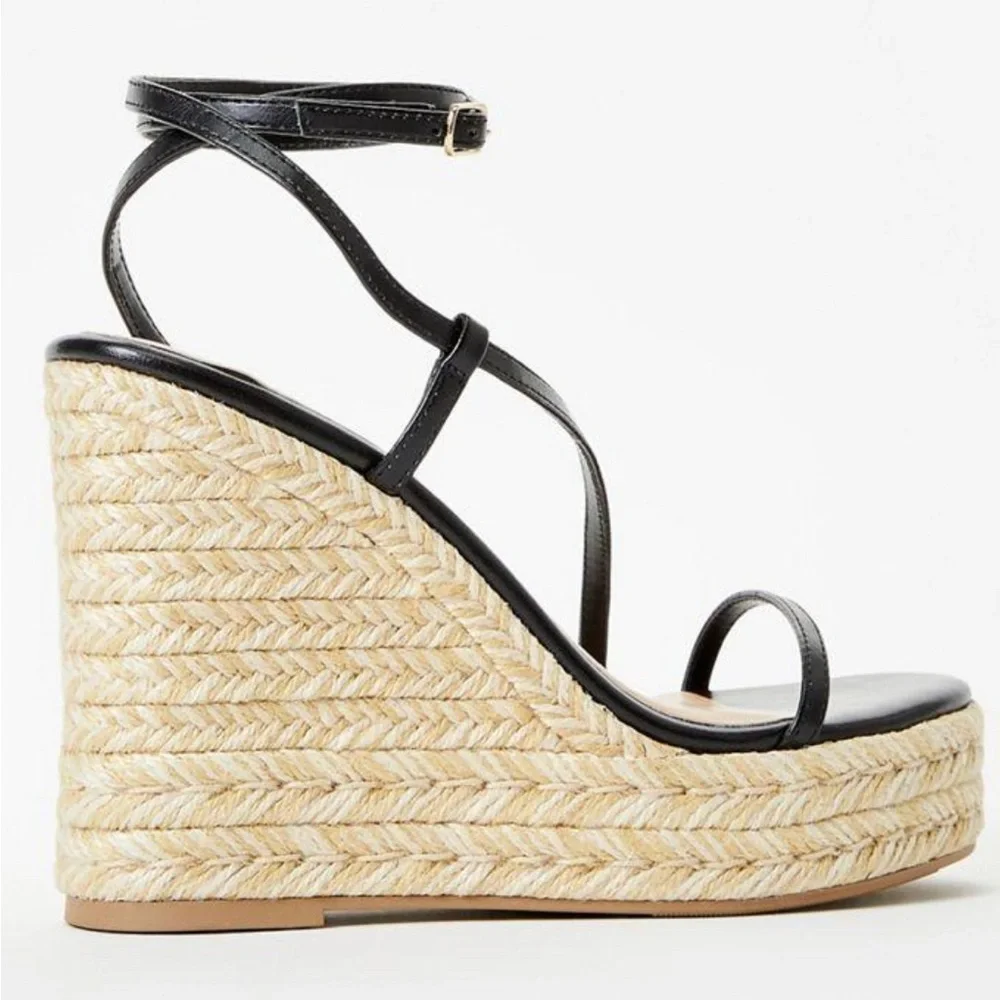 Black Strappy Espadrille Platform Wedge Sandals